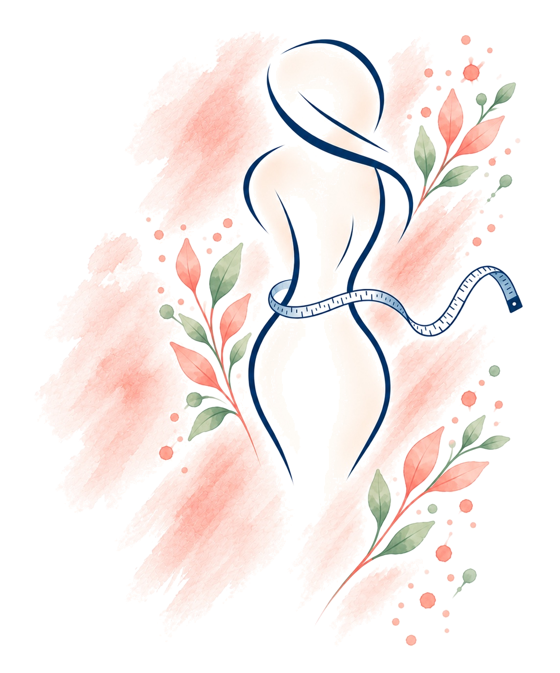 Waist Time’s watercolor illustration: a woman with a measuring tape and flowers